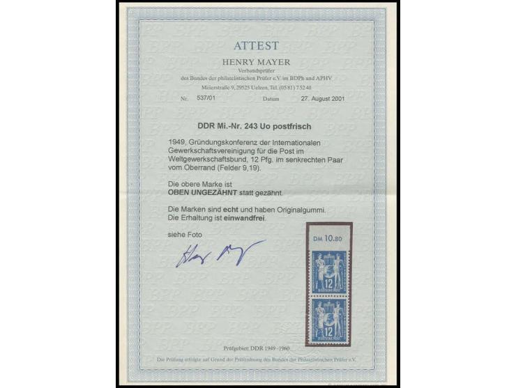 1949, Gründungskonferenz 12 Pfg. im senkrechten Oberrandpaar (Felder 9/19; mit im Michel nicht gelisteten Plattenfehlern), ob