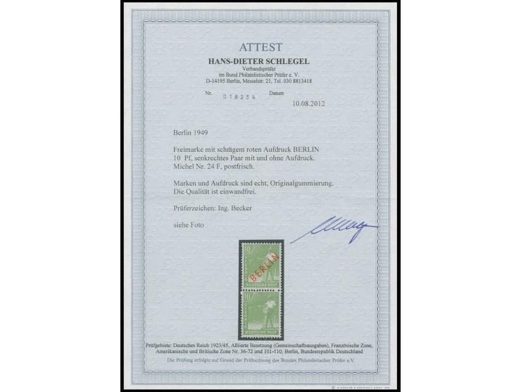 1949, Rotaufdruck 10 Pfg. im senkrechten Paar, untere Marke ohne Aufdruck, postfrisch, sign. Ing. Becker und Fotoattest H.D. 