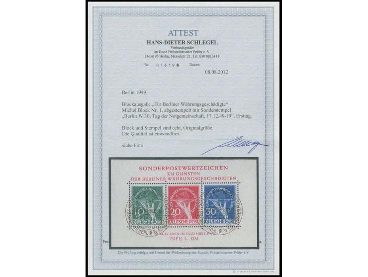 Währungsgeschädigten-Block, mit Ersttagssonderstempel, Fotoattest Schlegel BPP