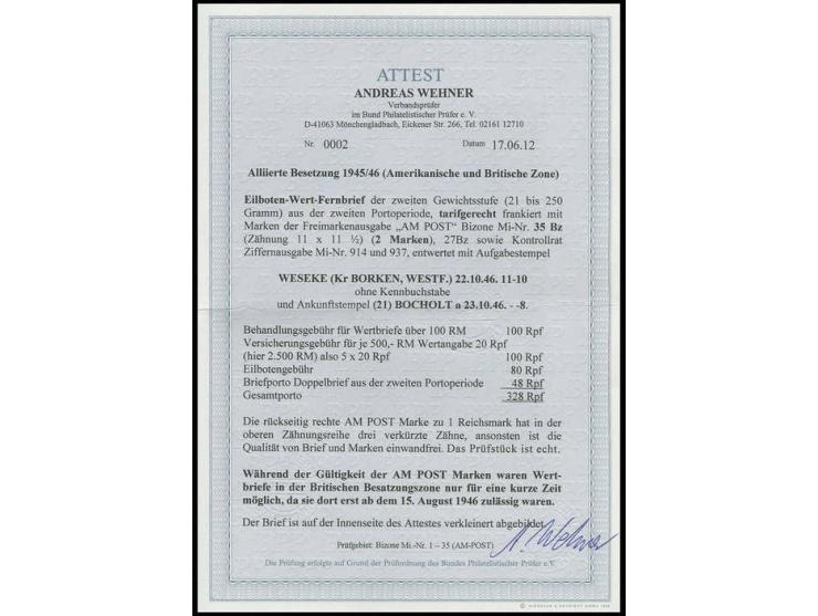 deutscher Druck: 1 M., zwei Werte rückseitig mit Stempel "WESEKE 22.10.46" auf Eilboten-Wertbrief-Fernbrief mit Zufrankatur n