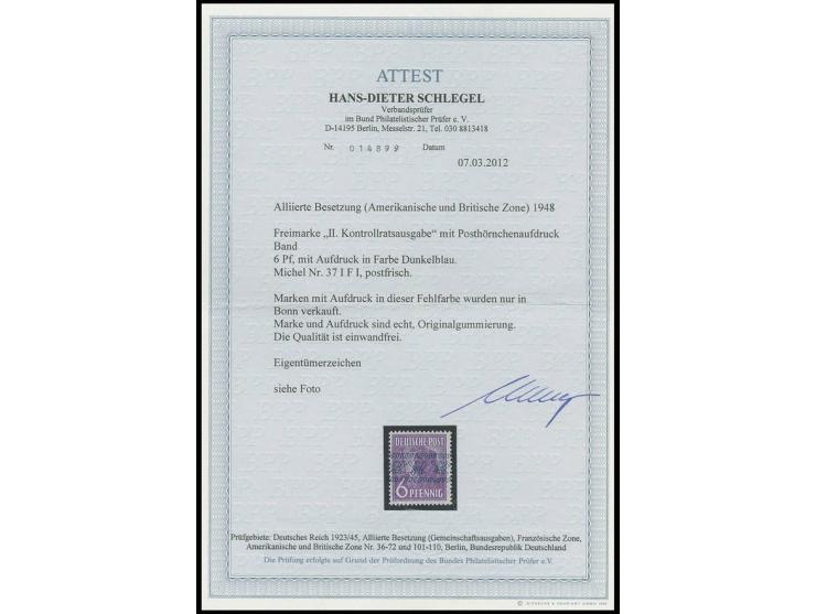 1948, Arbeiter mit Bandaufdruck: 6 Pfg. mit blauem Bonner Aufdruck, postfrisch, private Signatur und Fotoattest H.-D.Schlegel