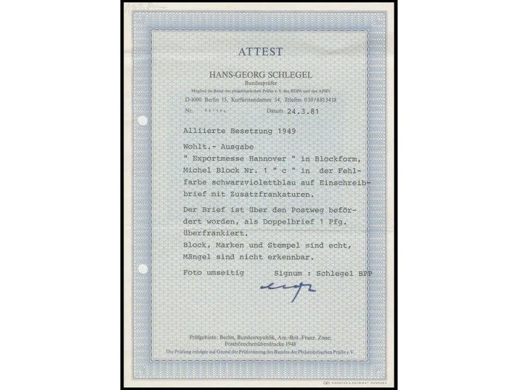 1949, Exportmesse-Block mit 30 Pfg. in schwarzviolettultramarin, mit Zusatzfrankatur auf R-Brief (um 1 Pfg. überfrankiert) vo