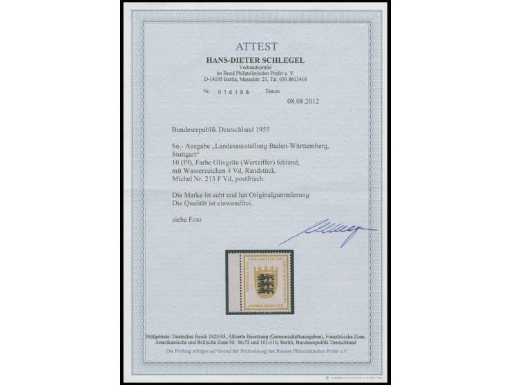 1955, Landesausstellung 10 Pfg., linkes Randstück mit fehlender Wertziffer, postfrisch, Fotoattest Schlegel BPP