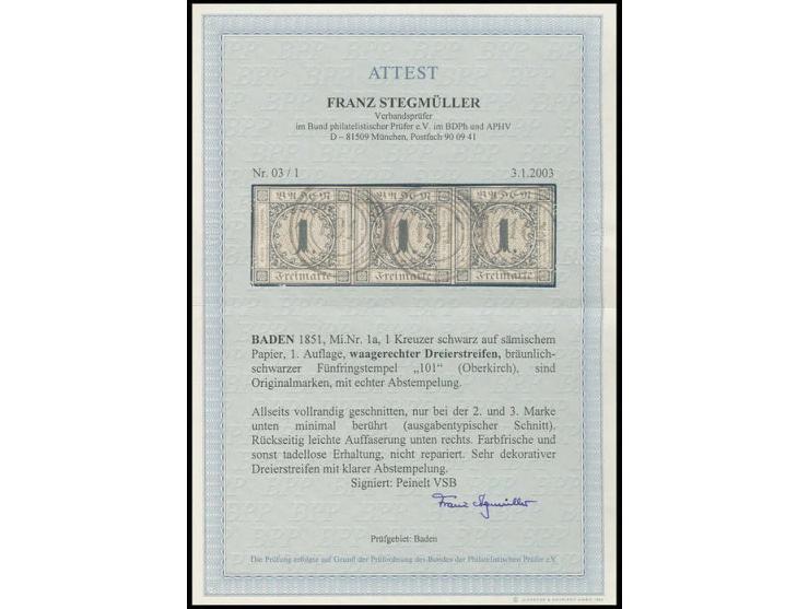 1851, Frühauflage: 1 Kr. auf sämisch, waagerechter Dreierstreifen, 2 und 3 Marke unten links leicht berührt, sonst vollrandig