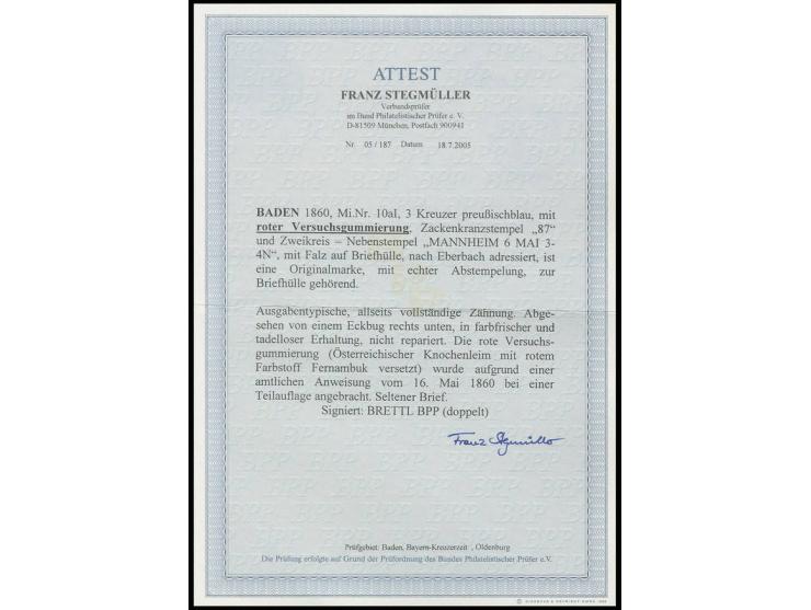 1860, linierter Grund: 3 Kr. preußischblau mit roter Versuchsgummierung (zur Kontrolle gelöst), ein Eckbug unten links, sonst