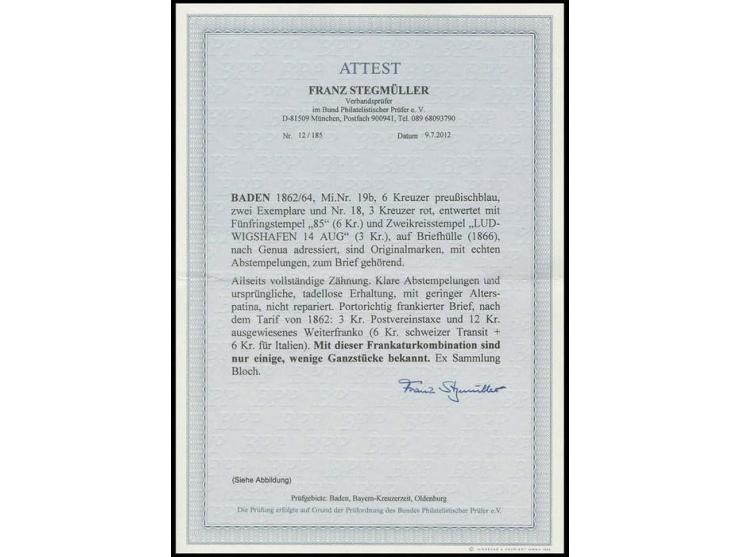 6 Kr. preußischblau, 2 Einzelwerte zusammen mit 3 Kr. karmin, alle farbfrisch und sehr gut gezähnt, die beiden 6 Kr. mit saub