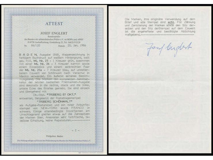 1868, KR.:1 Kr. grün, 3 Kr. karminrosa und 7 Kr. blau, senkrechtes Paar und Einzelstück, mit jeweils sauber aufgesetztem DKr.