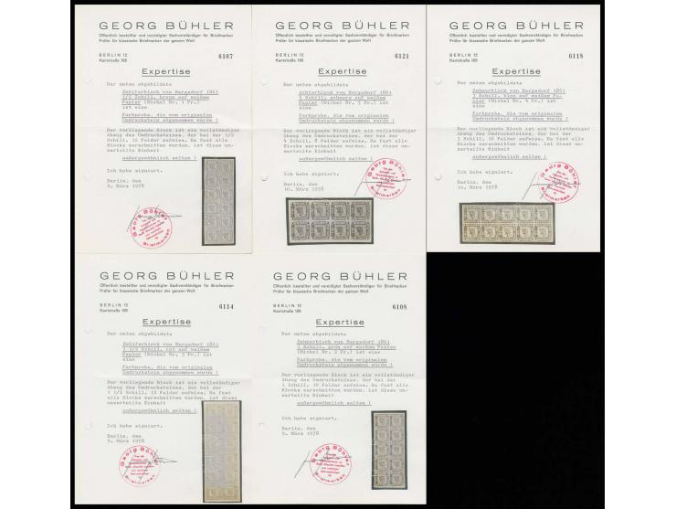 Farbprobedrucke ½ Sch. braun, 1 Sch. grün, 1½ Sch. rot, 3 Sch. blau und 4 Sch. schwarz je im vollständigen Umdruckblock von 8