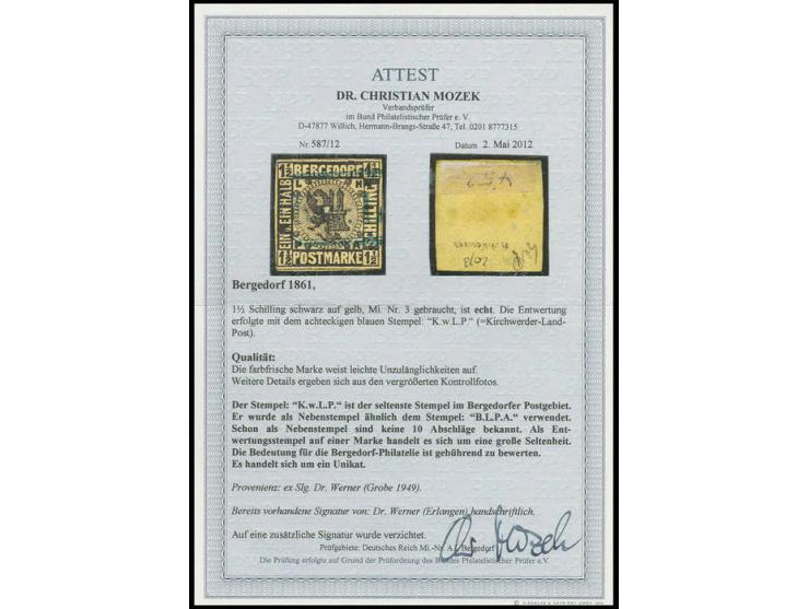 1½ Sch. auf gelb, voll- bis breitrandig mit alleiniger Entwertung durch blauen Rahmenstempel "K.w.L.P." (= Kirchwerder-Land-P