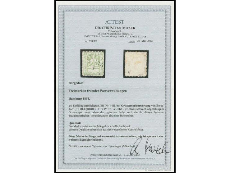 2½ Sch. gelblichgrün mit Ortsstempel "BERGE(DORF) 13 5 IV T", kleine Mängel (u.a. kleine helle Stelle). Diese Marke ist in Be