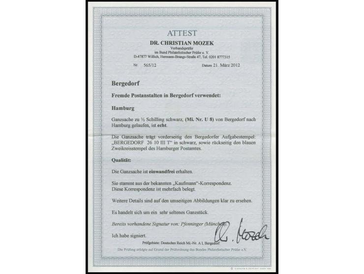 Umschlag ½ Sch. schwarz mit sauber nebengesetztem Ortsstempel "BERGEDORF 26 10 III T" an die bekannte Adresse Kaufmann, Hambu