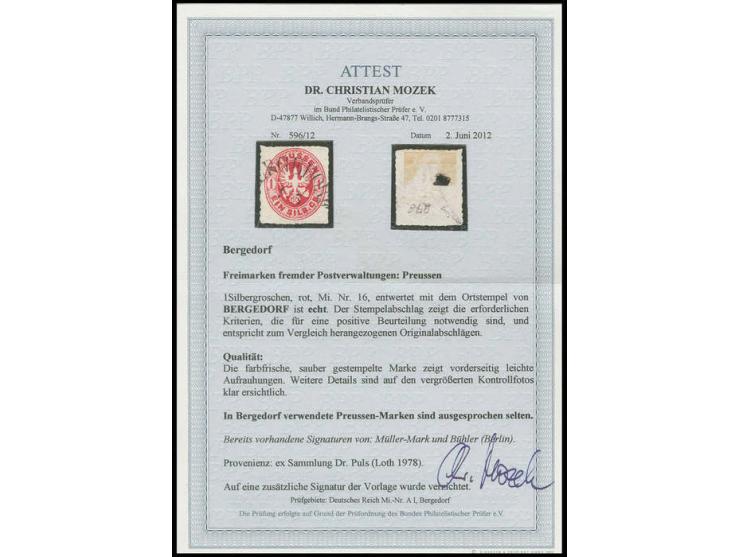 PREUSSEN: Wappen 1 Sgr. karmin mit zentrischem Ortsstempel "BERGEDORF"; geringe Unzulänglichkeiten hier ohne große Bedeutung;