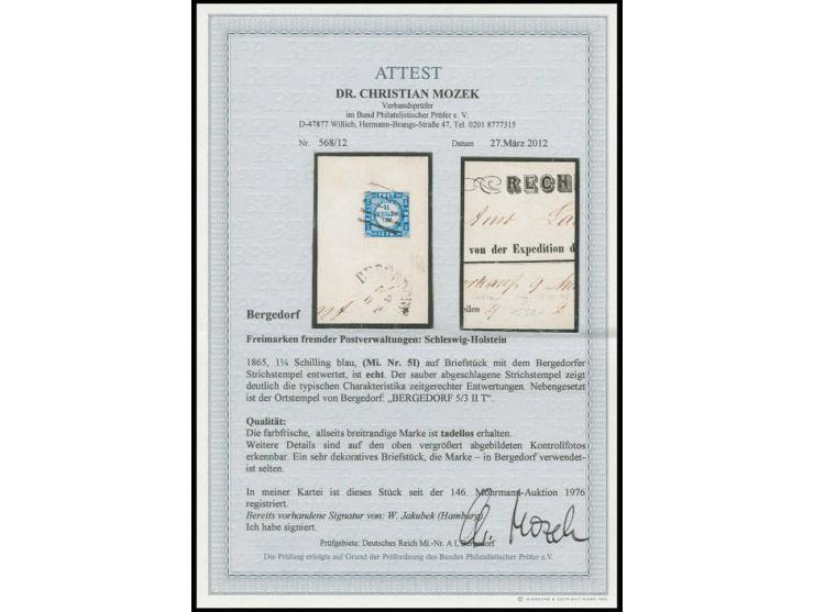 SCHLESWIG-HOLSTEIN: 1¼ Sch. blau, allseits breitrandig mit sauber aufgesetztem Strichstempel sowie nebengesetztem Ortsstempel