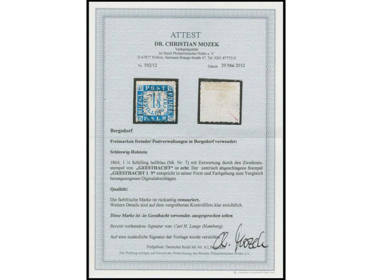 1¼ Sch. blau, farbfrisch und gut durchstochen mit zentrisch aufgesetztem DKr. "GEESTHACHT 1/9", rückseitig ausgebessert; in G