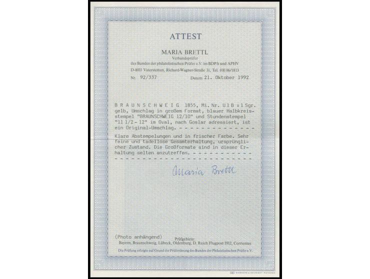 Umschlag 1 Sgr. gelb, großes Format, mit blauem Halbkreisstempel "BRAUNSCHWEIG 12/10" und Stundenstempel "11½-12" nach Goslar