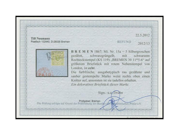5 Sgr. schwarzgrüngelb, farbfrisch mit ausgabetypischer rauher Zähnung, mit Ra2 "BREMEN 30 11" auf großem Briefstück mit nebe