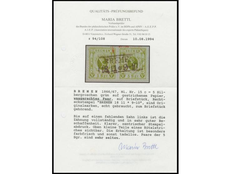 5 Sgr. grün auf gestrichenem Papier im waagerechten Paar mit zentrischen Ra2 "BREMEN 18 11" auf Briefstück, kleiner Teil eine