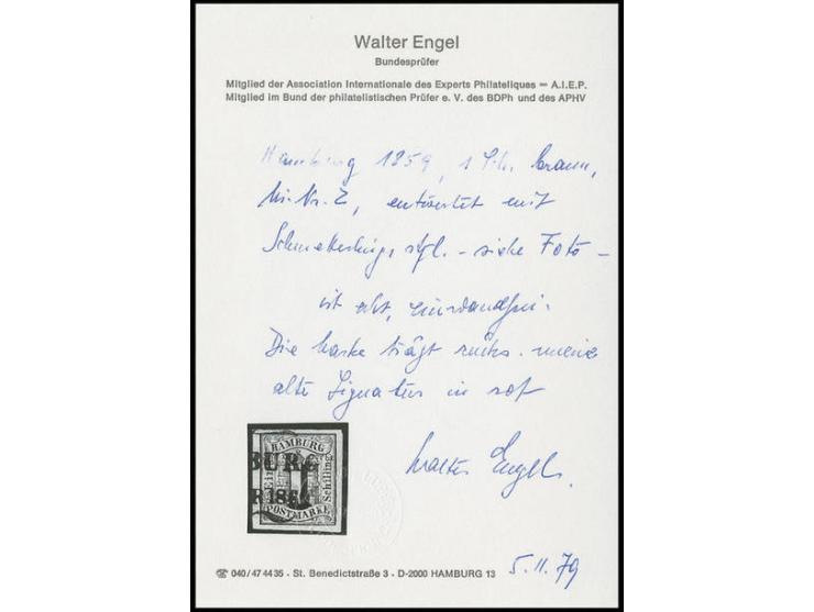 1 Sch. braun, allseits breitrandig, sauber entwertet durch Schmetterlingsstempel, selten, Kabinett, sign. W. Engel mit Befund