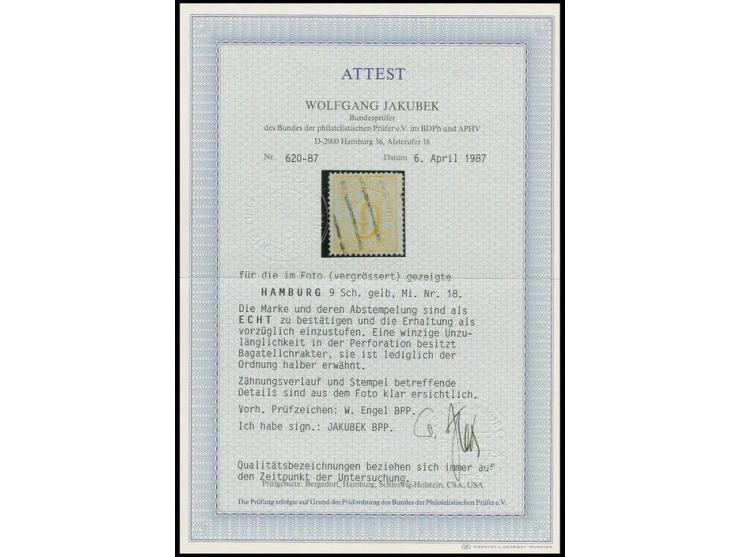 9 Sch. dunkelorangegelb, kräftige Farbe und recht gut gezähnt, leicht aufgesetzter Balkenstempel, Pracht, sign. W. Engel BPP 