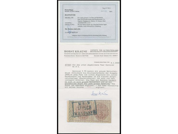 3 Pfg. rötlichkarmin, grau genetzt, im waagerechten Paar, allseits überrandig, rechts und oben mit Teilen von Nachbarmarken, 