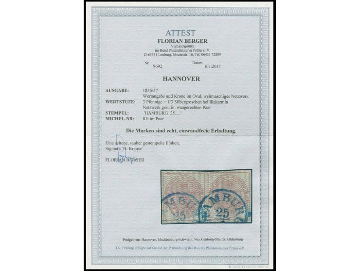3 Pfg. grau genetzt im waagerechten Paar, voll- bis breitrandig mit sauberem blauem EKr. "HAMBURG 25/...", Kabinett, sign. H.