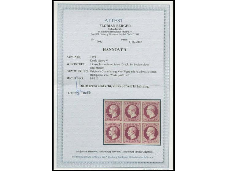 1 Gr. weinrot, feiner Druck im 6er-Block, allseits breitrandig und farbfrisch, ungebraucht, 2 Werte postfrisch, Kabinett, Fot