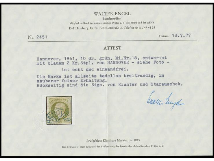 10 Gr. dunkelgrünlicholiv, voll- bis sehr breitrandig mit sauberem DKr. von Hannover, Kabinett, mehrfach sign. und Fotoattest