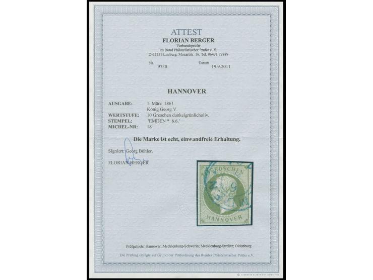 10 Gr. dunkelgrünlicholiv, voll- bis breitrandig und farbfrisch, entwertet durch DKr. "EMDEN 6 6", Kabinett, sign. Georg Bühl