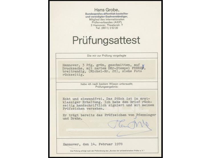 3 Pfg. grün, allseits breitrandig und farbfrisch mit leicht aufgesetztem DKr. "FREREN 24/10" auf Drucksache ohne Schleife, Ka
