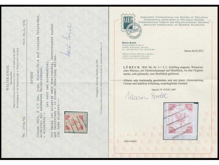 2½ Sch. magenta, farbfrisch und allseits breitrandig mit klar aufgesetztem Strichstempel auf kleinem Briefstück, Kabinett, si