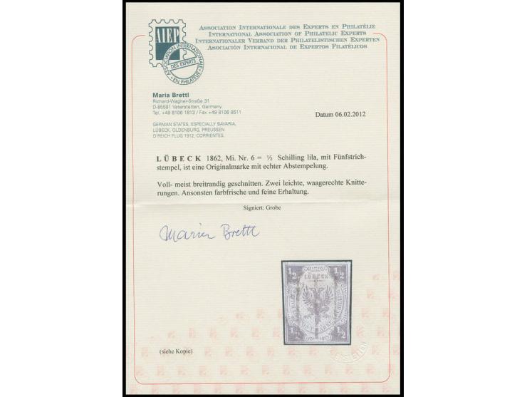 1862, Wappenausgabe ohne Wz. ½ Sch. lila, sehr schön farbfrisch und voll- bis meist breitrandig mit leicht aufgesetztem Stric