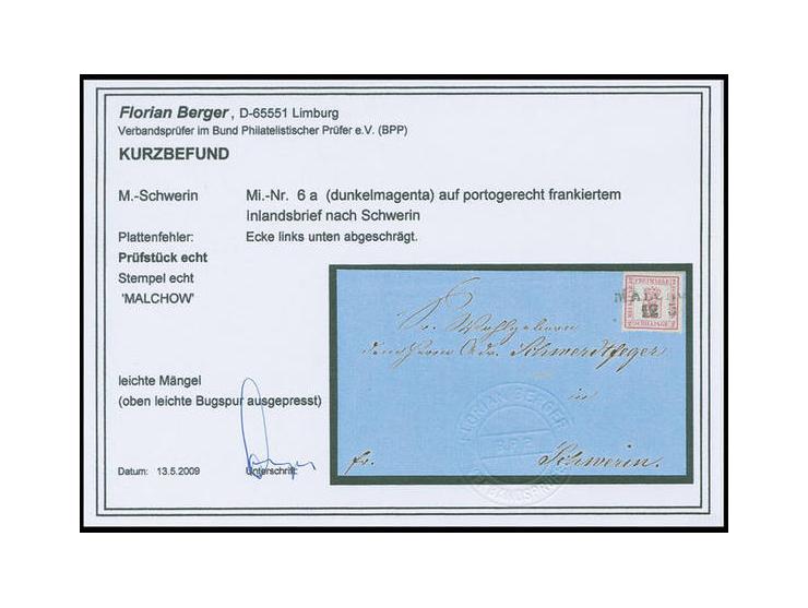 2 Sch. dunkelmagenta mit Plattenfehler "Ecke links unten abgeschrägt", farbfrisch und gut durchstochen, mit L2 "MALCHOW 12 5"