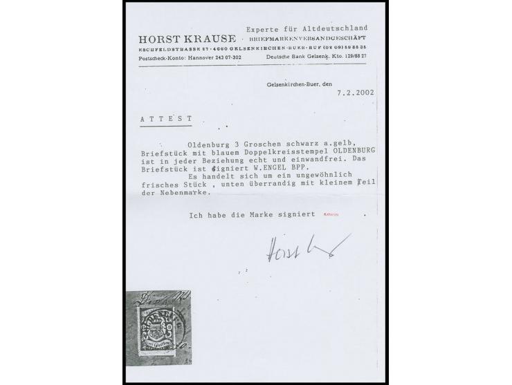 3 Gr. auf gelb, oben voll- sonst breit- bis überrandig und sehr schön farbfrisch mit blauem EKr. von Oldenburg auf Briefstück