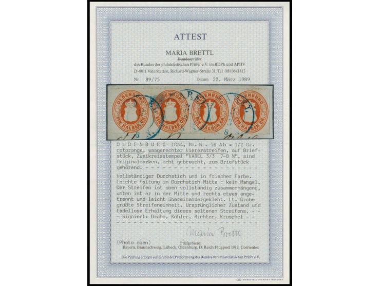 1862, ½ Gr. dunkelrotorange, farbfrischer, waagerechter Viererstreifen mit allseits vollständigem Durchstich, sauber mit 3 kl