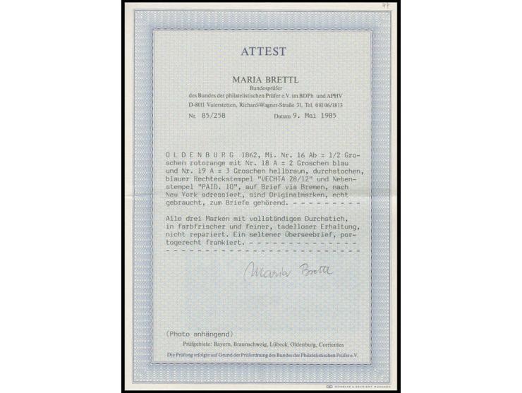 ½ Gr. rotorange, 2 Gr. blau und 3 Gr. hellbraun, farbfrisch und gut durchstochen mit blauem Ra2 "VECHTA 28/12" auf Briefhülle