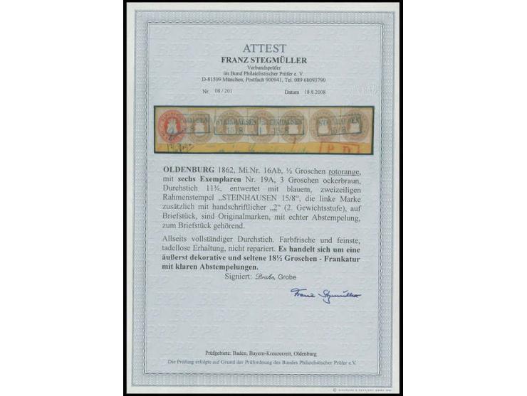 3 Gr. ockerbraun, 6 Einzelwerte zusammen mit ½ Gr. rotorange, paarweise entwertet durch klar aufgesetzten blauen Ra2 "STEINHA