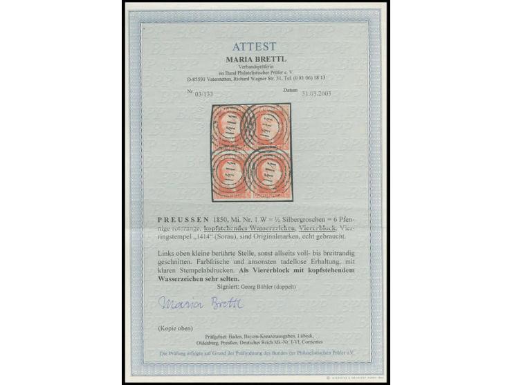 1850/56, Ausgabe in Stichtiefdruck ½ Sgr. rotorange mit kopfstehendem Wz. im 4er-Block, die linke obere Marke links oben kurz