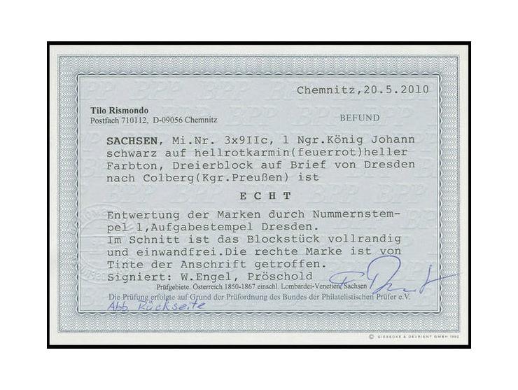 1 Ngr. feuerrot, 3er-Block, allseits vollrandig mit Nummernstempel "1" auf Brief von "DRESDEN 30 VIII" nach Colberg, die rech