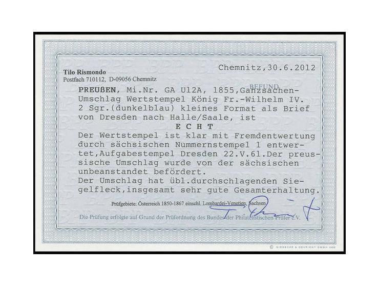 Umschlag 2 Sgr. blau, entwertet mit sächsischem Nummernstempel "1" und nebengesetztem Aufgabestempel "DRESDEN 22.V. 61" nach 