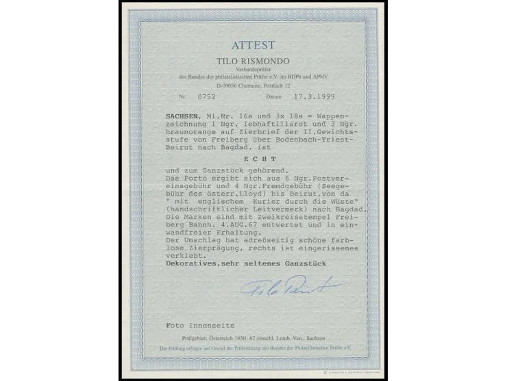 IRAK: Wappen 1 Ngr. lebhaftlilarot und drei Exemplare 3 Ngr. braunorange je farbfrisch mit klarem DKr. "FREIBERG 4 AUG 67" au