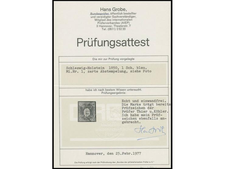 1850, Wappenausgabe 1 Sch. blau in schöner frischer Farbe, voll- bis breitrandig, leicht entwertet durch Roststempel, Pracht,