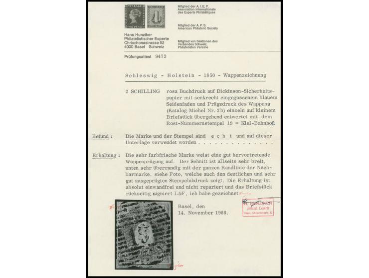2 S. rosa, allseits für diese Ausgabe sehr breitrandig und farbfrisch mit leicht zentrisch aufgesetztem Roststempel "19" KIEL