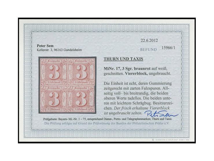 3 Sgr. braunrot, farbfrischer und allseits voll- bis breitrandiger Viererblock, sauber ungebraucht, die beiden unteren Marken