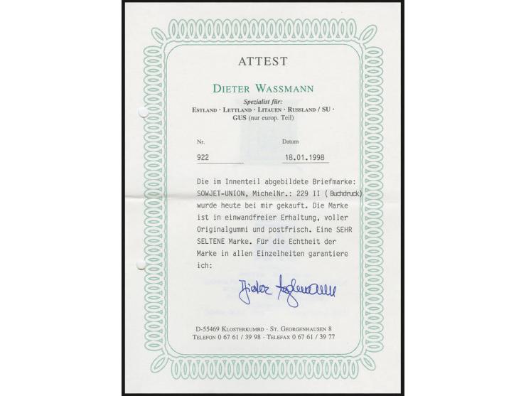 1923, definitives typographed: 2 kop. green imperforated, unhinged mint, certificate Wassmann
