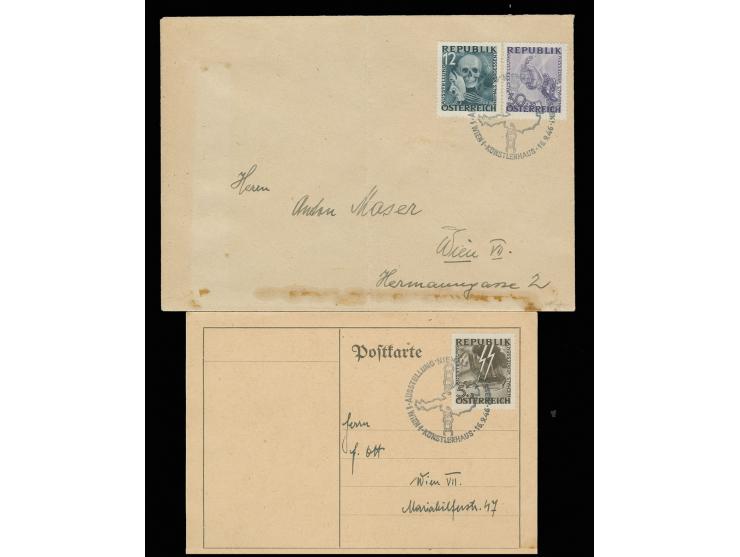 1946, Unverausgabte Blitz/Maske 5 Gr. und 12 Gr. je mit Sonderstempel "NIEMALS VERGESSEN" auf philatelistischer Karte bzw. di