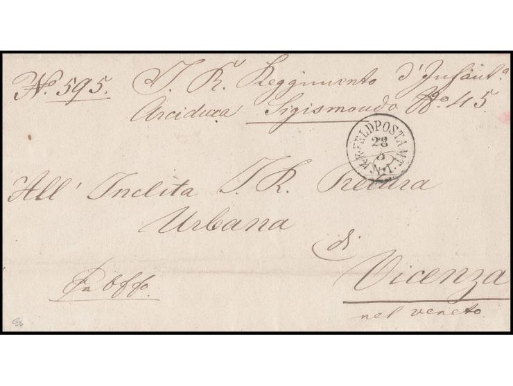 1855, "K.K. FELDPOSTAMT No. I / 28.3." auf markenlosem Militärbrief mit vollem Inhalt von Bukarest mit Transitstempeln von Wi