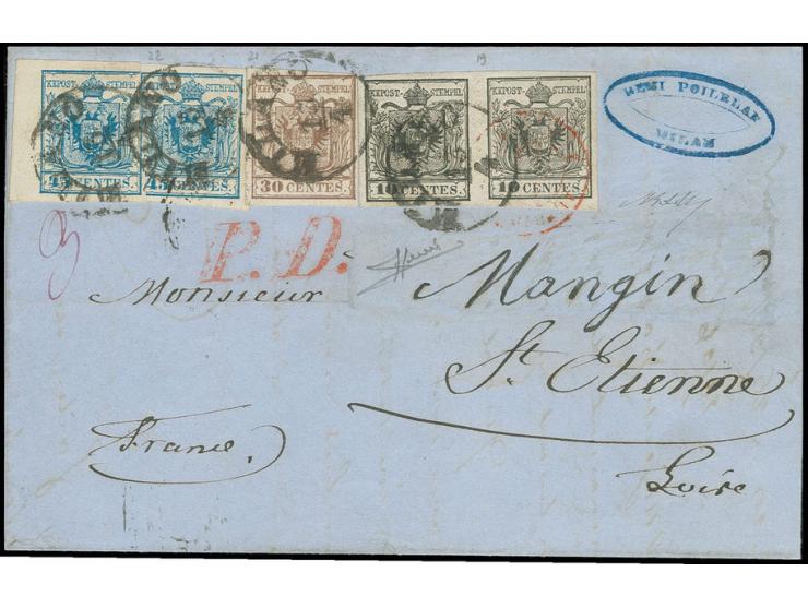 1854/57, Maschinenpapier: 10 C. schwarz im waagerechten Paar, 30 C. braun und 2 Einzelwerte 45 C. blau, alle voll- bis meist 