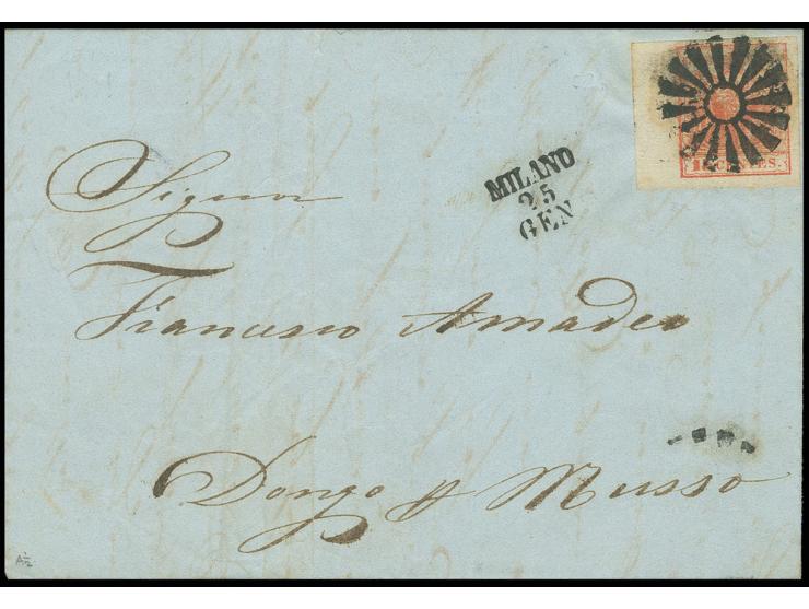 STEMPEL: "MILANO", stummer Stempel auf 15 C. rot, allseits breitrandig, links mit 7 mm Bogenrand auf Brief mit nebengesetzten