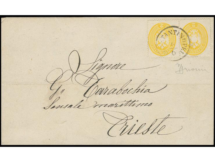 VORLÄUFER: 1863, 2 So. gelb, waagerechtes Paar, mit EKr. "CONSTANTINOPEL 6/6" (1868) auf Drucksache nach Triest mit Ankunftss