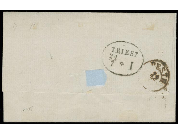 15 So. braun, senkrechtes Paar, mti L2 "IBRAILA 15 LUG" (1864) auf Brief nach Triest mit Transitstempel von Pesth und Ankunft